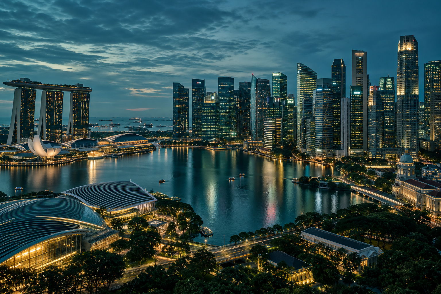 Singapore financial district and marina at blue hour